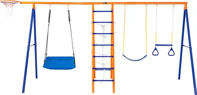 Produktbild von VEVOR Schaukel-Sets für den Garten, 6-in-1-Schaukel-Set mit 2 Schaukeln, Trapezstange, Kletterleiter, Kletternetz und Basketballkorb, 200 kg Tragkraft, robustes Metall-Schaukel-Set für den Außenbereich für Kinder ab 3 Jahren