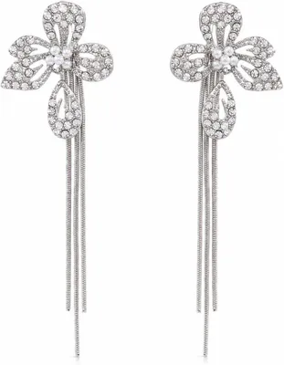 Image de Boucles d'oreilles pendantes en forme de fleur de cristal, argentées, ornées de strass et de perles, avec de longues franges, idéales pour les occasions spéciales