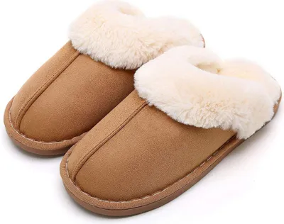 Produktbild von ASKSA Damen Herren Hausschuhe Lammfell Flauschige Pantoffeln Plüsch Winter Warme Slipper Gefüttert Schlappen, Khaki, Größe: 40-41(8-9)
