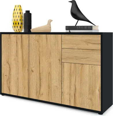 Produktbild von Vladon Sideboard Ben V3, Kommode mit 3 Türen und 2 Schubladen, Schwarz matt/Eiche Natur (117 x 74 x 36 cm)