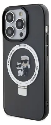 A black iPhone case with a Karl Lagerfeld design and a ring stand.