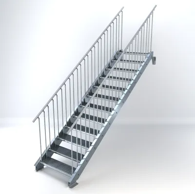 Produktbild von Stahltreppe 12 Stufen bis Höhe 240 cm, Laufbreite : 90 cm beidseitiges Geländer ST 2 (31 / 31 mm gezackt)