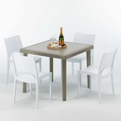 Produktbild von Polyrattan Tisch Quadratisch mit 4 Bunten Stühlen 90x90 Beige Elegance
