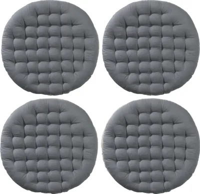Four round grey seat cushions are arranged in a two-by-two grid on a white background.