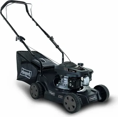 A black Scheppach lawnmower is shown against a white background.