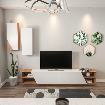 Immagine prodotto di Skye Decor, mobile TV moderno (240 cm) e mensole da parete (2 pezzi, 30 cm) | Pannello truciolare rivestito al 100% in melamina, spessore 18 mm | Bianco e teak, numerosi ripiani, montabile a parete.