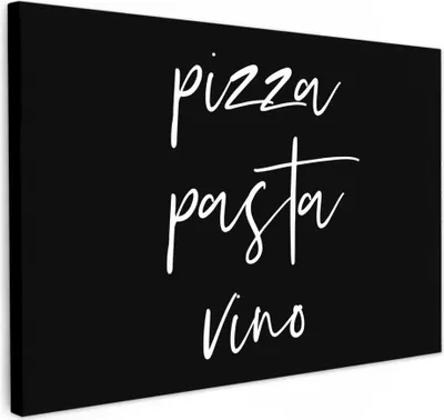 Produktbild von MuchoWow® - Leinwandbilder - Zitat - Pizza, Pasta, Vino - Schwarz - Weiß, Wandbild, Wanddeko Bilder Wohnzimmer, 30x20 cm