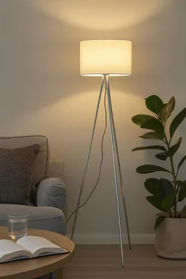 Image de Lampadaire Braytron à 3 pieds, 155 cm, E27, style moderne, avec abat-jour, pour salon, lampe sur pied, éclairage par le haut, beige