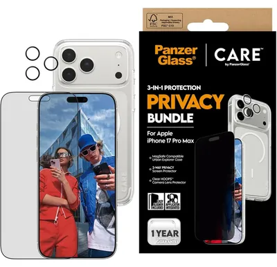 Zdjęcie produktu dla PanzerGlass ® | CARE by ® 3-in-1 Flagship Privacy Bundle iPhone 17 Pro Max, Apple, Apple - iPhone 17 Pro Max, Aplikacja na sucho, Odporny na zadrapania, Odporny na wstrząsy, Przezroczysty, 1 szt.