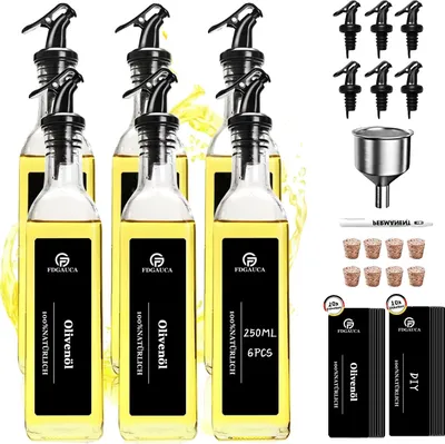 Zdjęcie produktu dla Zestaw dozowników oleju, szkło o wysokiej przezroczystości, nalewanie bez kapania, 6 x 250 ml