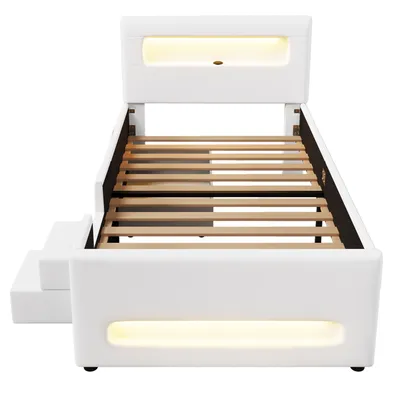 Immagine prodotto di okwish Letto per bambini 90x200 Letto in legno senza materasso, Letto per bambini con design a LED e cassetto, Struttura letto singolo con tasche portaoggetti, bianco