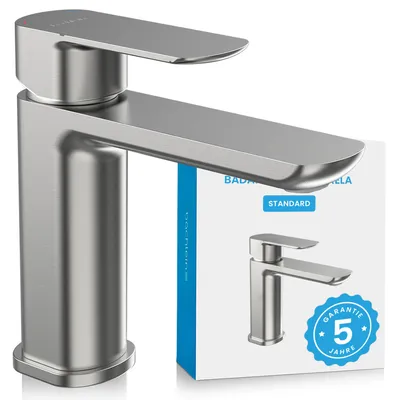Produktbild von Bächlein Badarmatur Mizarela in klassischem Design, Einhebelmischer mit langlebiger Keramikkartusche und Montage-Set, Bad Wasserhahn Edelstahl gebürstet - flacher Auslauf
