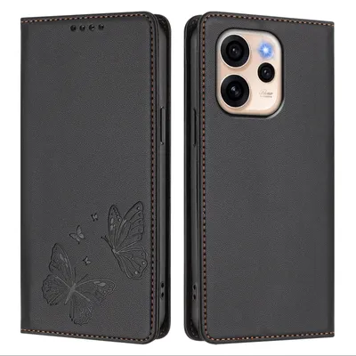 Image de Étui en cuir pour Oppo Reno15 F, étui de protection type portefeuille en cuir gaufré « papillon » avec support, noir