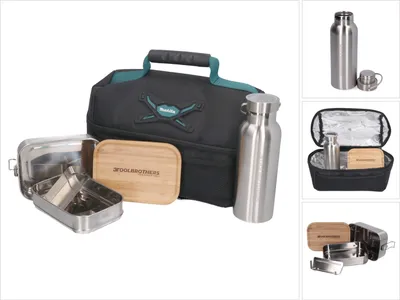 Produktbild von Toolbrothers Lunchpaket mit Makita Isoliertasche + Toolbrothers Fan Edelstahl Brotdose mit 2 Etagen und Bambus Decke 1340 ml + Edelstahl Trinkflasche 500 ml