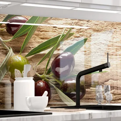 Produktbild von Küchenrückwand selbstklebend Glasoptik - OLIVEN - 1.8mm, versteift, alle Untergründe, Hart PET Material, PREMIUM 60 x 80cm
