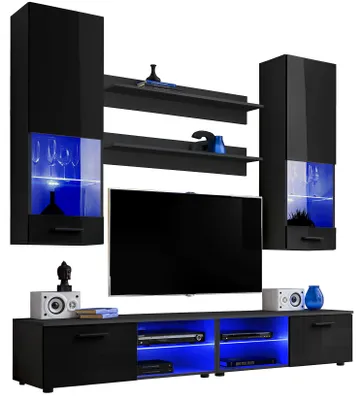 Obrázok produktu pre Extreme Furniture Vida Sada nábytku | Nábytok Do Obývačky S 2 Vitrínami, 2 Tv Skrinkami A 2 Nástennými Policami | Čierny Korpus & Čierne Predné Časti