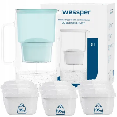 Obrázok produktu pre Wessper D2 BOROSILICATE Kanvica na filtrovanú vodu 3 l, mätová – sklenená kanvica s 10 filtrami AquaMax, bez obsahu BPA