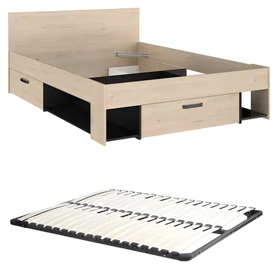 Produktbild von Bett 140 x 190/200 mit Stauraum + Lattenrost - Holzfarben & Schwarz - KINSELIA