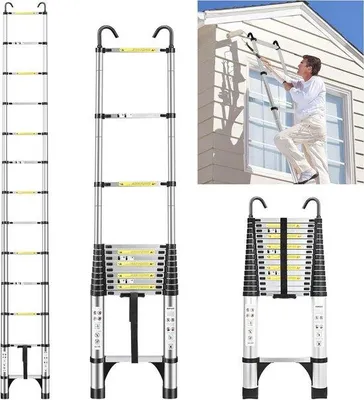 Produktbild von Teleskopleiter - Faltleiter - Arbeiten an der Höhe - Mit Stabilitätshaken - 6.2 Meter - Silber