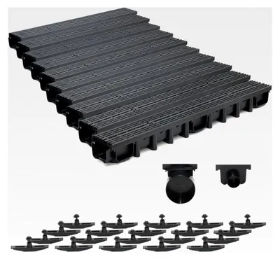 Produktbild von 10m Entwässerungsrinne für modulares System A15 98mm, kompletter Stegrost aus Kunststoff, Schwarz