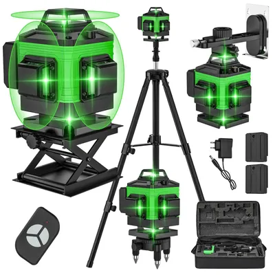 Zdjęcie produktu dla Laserowa poziomica – laser niwelacyjny z 16 liniami – w zestawie ze statywem i torbą – samonivelacja 4° – kolor zielony 505–520 nm – zasięg 20 m, 60 m z odbiornikiem – dokładność ±3 mm/10 m – IP54