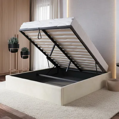 Produktbild von Home Collective Polsterbett, 120x200/140x200/160x200 Stauraumbett, Schlafzimmerbett, Bett mit Stauraum Lattenrost Metallrahmen Samtpolsterung Doppelbett platzsparend ohne Kopfteil 140x200 cm | Beige