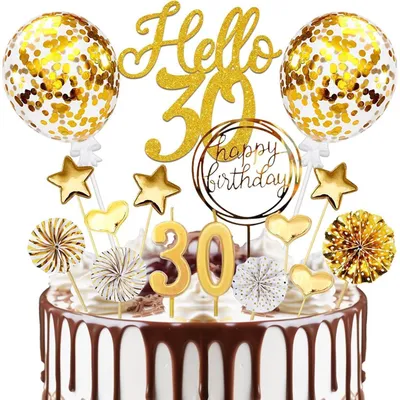 Produktbild von Tortendeko 30 Geburtstag 20 Stück Gold Hello 30 mit Kerzen