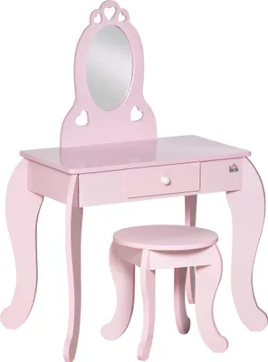 Image de HOMCOM Coiffeuse Enfant Design Girly avec Motifs à Coeur - Tabouret Inclus - dim. 60L x 36l x 88H cm - tiroir, Miroir - MDF - Rose