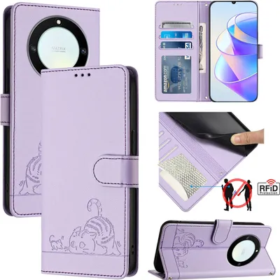 Produktbild von Leder Hülle für Honor X9A / Magic5 Lite Süße Katze Flip Case Brieftasche Schutzhülle mit Standfunktion Lila