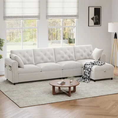 Zdjęcie produktu dla Nowoczesna sofa z aksamitu z miejscem do przechowywania: odwracalny element do spania, podnóżek, kieszenie do przechowywania i ozdobne guziki, kolor beżowy (281 x 86 x 71 cm)