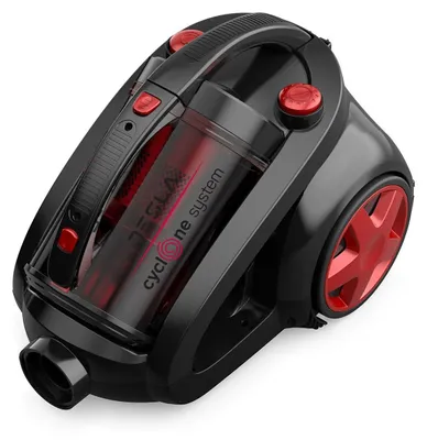 A black and red bagless vacuum cleaner is shown from a diagonal angle against a white background.