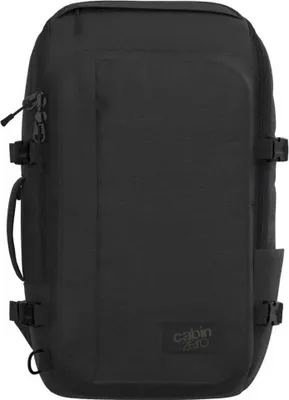 A black backpack is shown against a white background.
