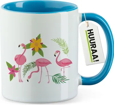 Produktbild von Huuraa Kaffeetasse Flamingos Comic 330ml Blau Keramik Kaffeebecher Geschenkidee