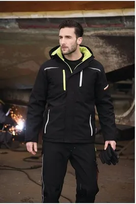 Produktbild von Terrax Workwear Herren Berufsparka Arbeitsparka Softshell leicht wattiert - Arbeitsjacke mit reflektierenden Details in Schwarz-Limette Größe XL