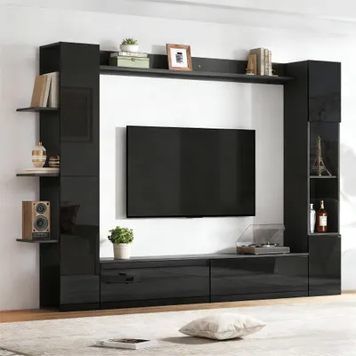 Immagine prodotto di okwish: mobile TV, pensile TV, mobile contenitore, parete attrezzata per soggiorno con ampio spazio di archiviazione, vetrina con ante a battente, colore nero