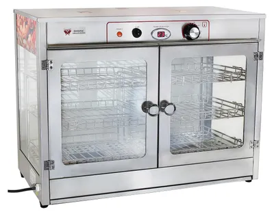A stainless steel food warmer with glass doors and wire shelves, displayed against a white background.
