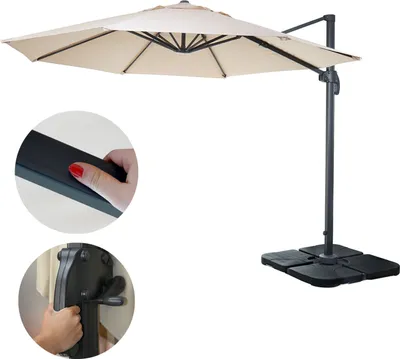 Produktbild von Parasol gastronomiczny HWC-A96, parasol, okrągły Ø 3m poliester aluminium/stal 23kg ~ kremowy ze stojakiem, obrotowy