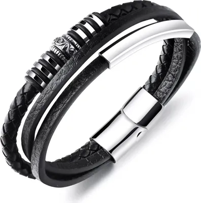 Produktbild von Armband Herren Leder Edelstahl Magnetverschluss Schwarz - Silber Biker