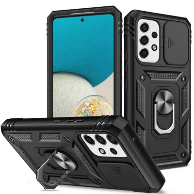 Image de Etui pour Samsung Galaxy A53 5G protection coulissante de l'appareil photo, résistant aux chocs, avec porte-anneau, support et porte-cartes Noir