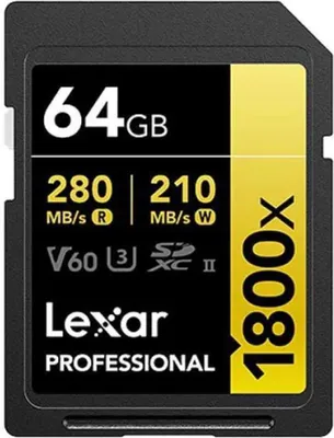 A Lexar Professional 64GB SDXC UHS-II memory card.