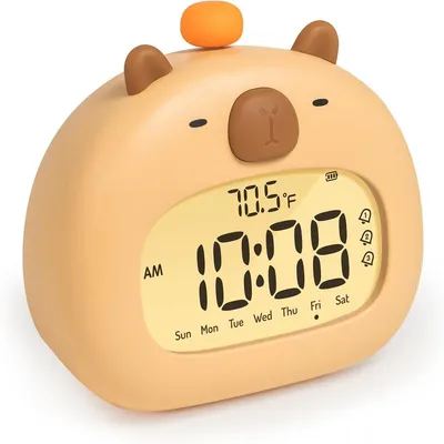 Produktbild von Capybara Kinderwecker mit Nachtlicht, digitaler Wecker fürs Schlafzimmer, laute Weckfunktion, wiederaufladbar, Schlummerfunktion, 3 Alarme.