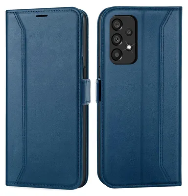 A blue flip case for a Samsung Galaxy A52 4G/5G phone is shown from the front and back.