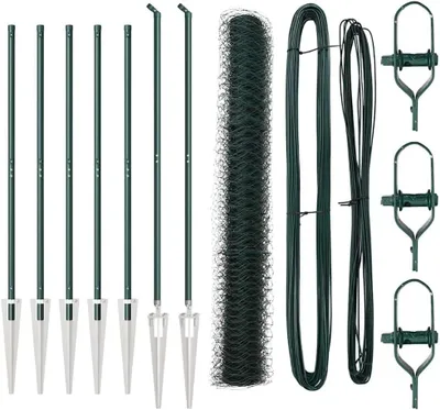 Produktbild von Set aus 14 Metallzaunpfosten mit Zaun, 1000 cm Länge, Stahlkonstruktion, grüne Gartenbegrenzung für den Außenbereich, Zaunsystem für Terrasse und Garten