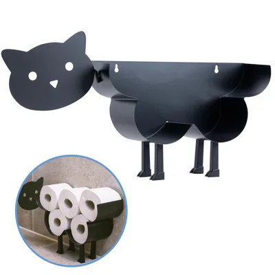 Productafbeelding van Sanics® Reserverolhouder Kat – Vrijstaand & Ophangbaar – WC Papier houder – Toiletrolhouder Zwart – WC Rolhouder staand 7 Rollen