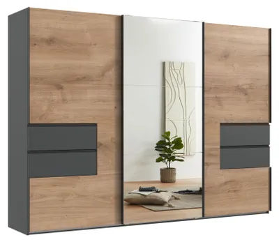 Obrázek produktu pro Skříň s posuvnými dveřmi, šatní skříň 300 cm, zrcadlo, zásuvky, grafit, Imitace dub / 22055