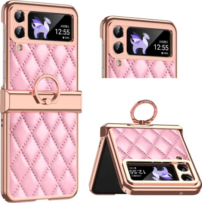 Produktbild von Luxus Leder Muster Galvanik Handyhülle für Samsung Galaxy Z Flip 3 5G mit Ringhalterung und Scharnierschutz Pink