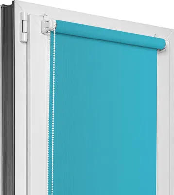 A close-up view of a cyan roller blind installed on a white window frame.