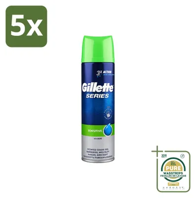 Zdjęcie produktu dla 5 sztuk żelu do golenia Gillette Series Sensitive z aloesem - 200 ml - zestaw ekonomiczny