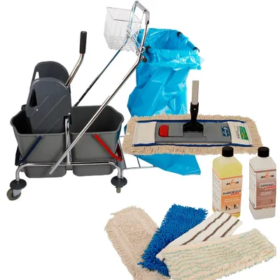 Produktbild von Axis Line Wischmop Komplettset mit Doppelfahreimer Chrom 2x17 Liter mit Müllsackhalter und Ersatzmöppe und 2 x Profi Reinigungsmittel 50cm breit