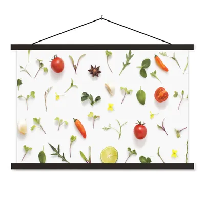Produktbild von MuchoWow® Textilposter Flachgelegte Früchte, Gemüse, Gewürze und Kräuter 120x80 cm mit schwarzem Rahmen - Wanddeko
